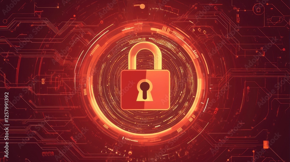 Poster cybersecurity ai protection with abstract data encryption visuals on a red background.