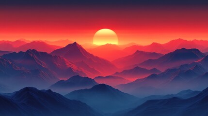 Obraz premium Majestic sunset over a mountain range, casting vibrant hues across the peaks and valleys below