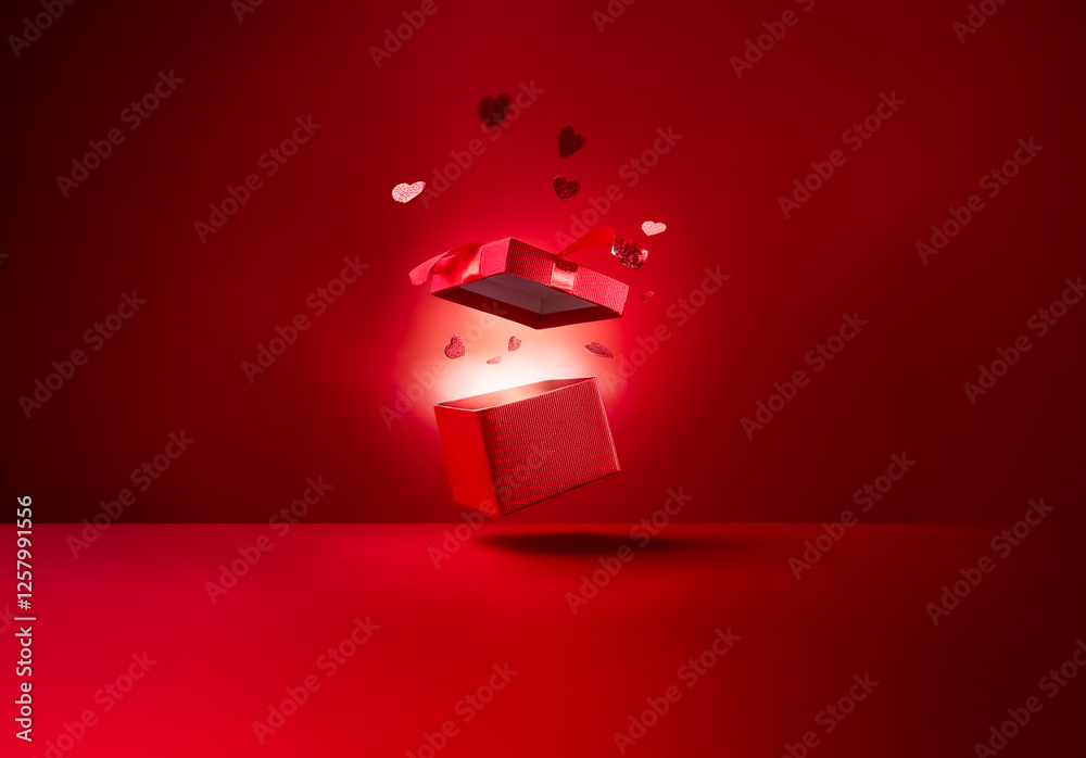 Poster a vibrant red gift box slightly ajar on a red surface, releases floating hearts into the air, creati