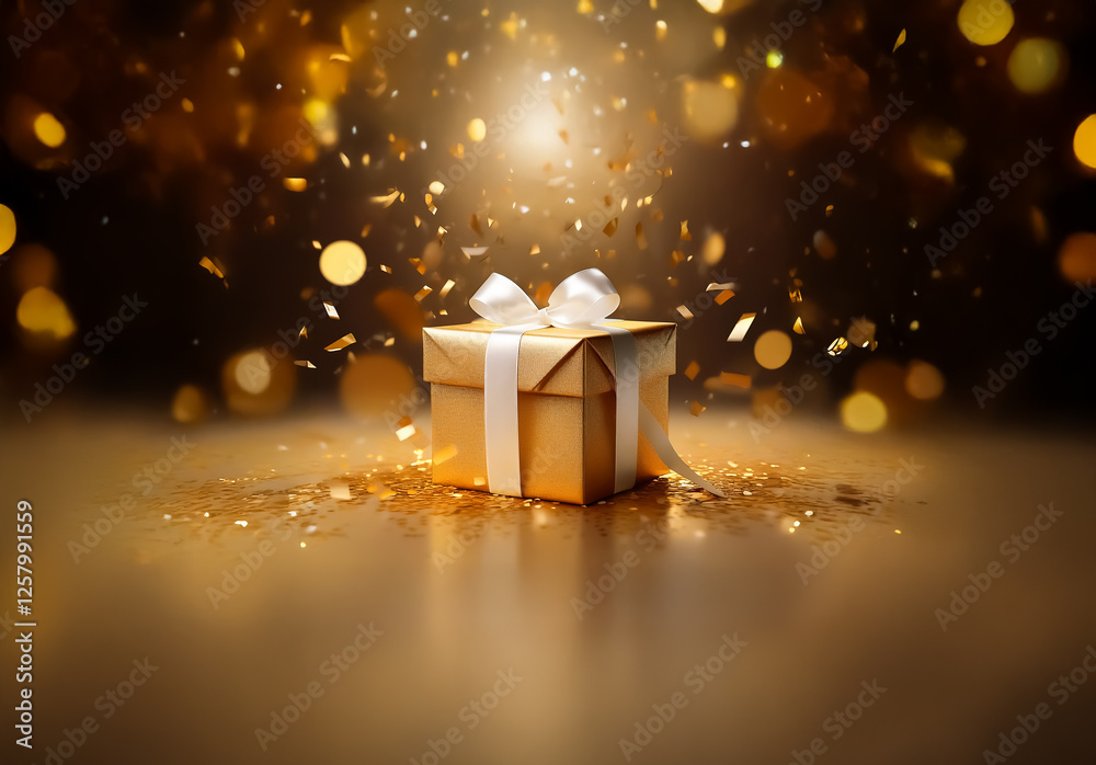 Poster golden gift with white ribbon under spotlight, surrounded by bokeh and falling confetti, creating a 