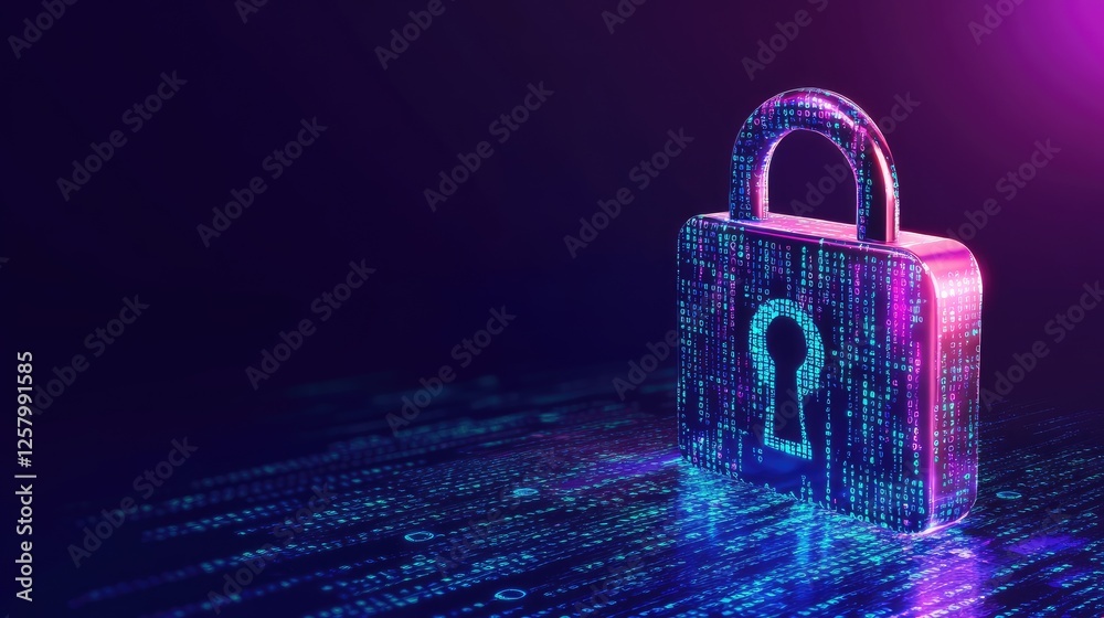 Poster cybersecurity firewall protection with digital binary code on a neon background.