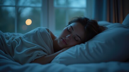 Calm night time sleep of a woman in cozy bedroom setting with soft lighting