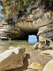Sandstone rocks and pebble cove beach of Delikli Bay beach near Kerpe, Kocaeli Turkiye