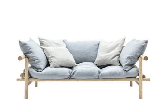 Stylish light blue sofa with cushions, white isolated background.