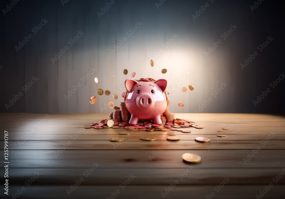 Aufkleber a pink piggy bank sits on a wooden surface with scattered coins around it, suggesting savings or fin