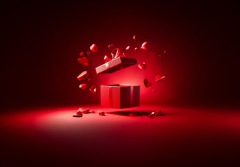 A red gift box slightly ajar with a ribbon, emits floating hearts on a rich red backdrop. A romantic and loving scene for special occasions or heartfelt expressions.