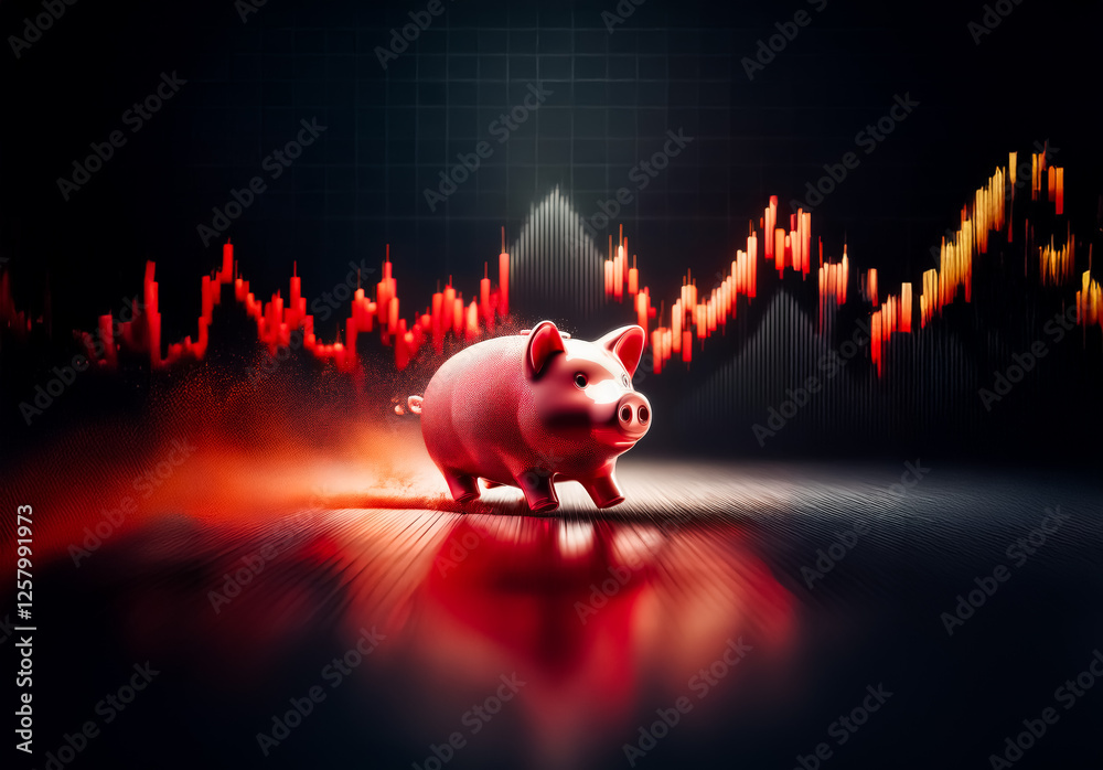 Poster piggy bank strides confidently against a backdrop of fluctuating financial graphs with red and yello