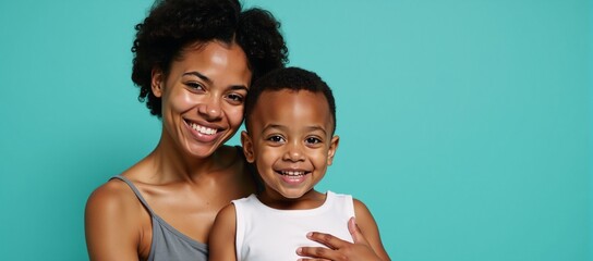 A charming depiction of an interracial family celebration on Mothers Day with a loving mom her multiracial children and heartwarming feelings against a cheerful teal backdrop