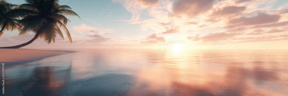 Poster serene sunset over calm waters with palm trees on tropical beach. generative ai