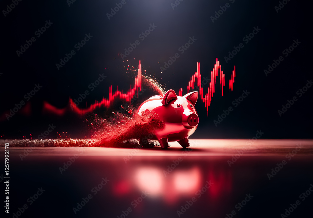 Leinwandbilder a metallic piggy bank with a red downward trending line graph behind it, conveying financial decline
