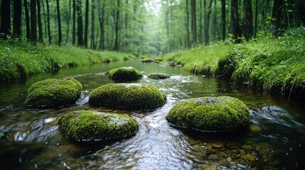 Obraz premium Lush forest stream with mossy stones. Peaceful nature scene. Possible use stock photo
