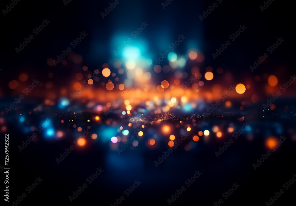 Poster bokeh lights in orange and blue create a magical, abstract scene on a dark backdrop. soft, blurry, a