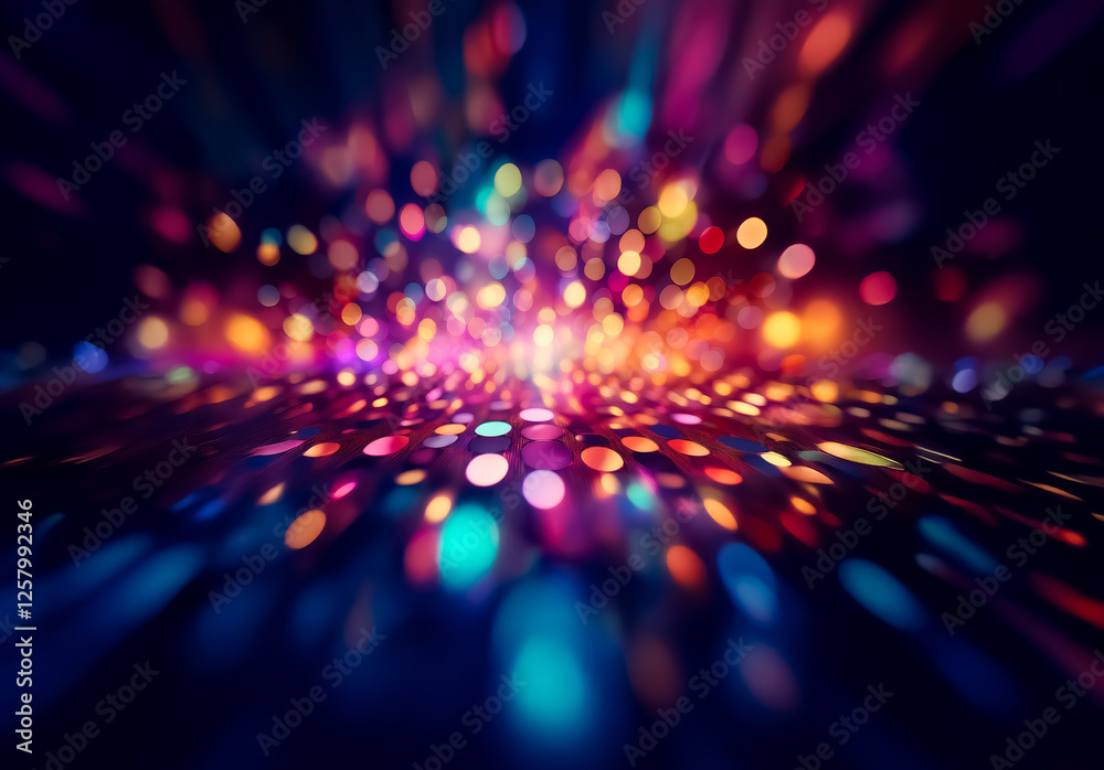 Leinwandbilder Colorful bokeh lights burst outwards from a central point on a dark backdrop, creating a vibrant, dynamic, and abstract image full of motion and energy.