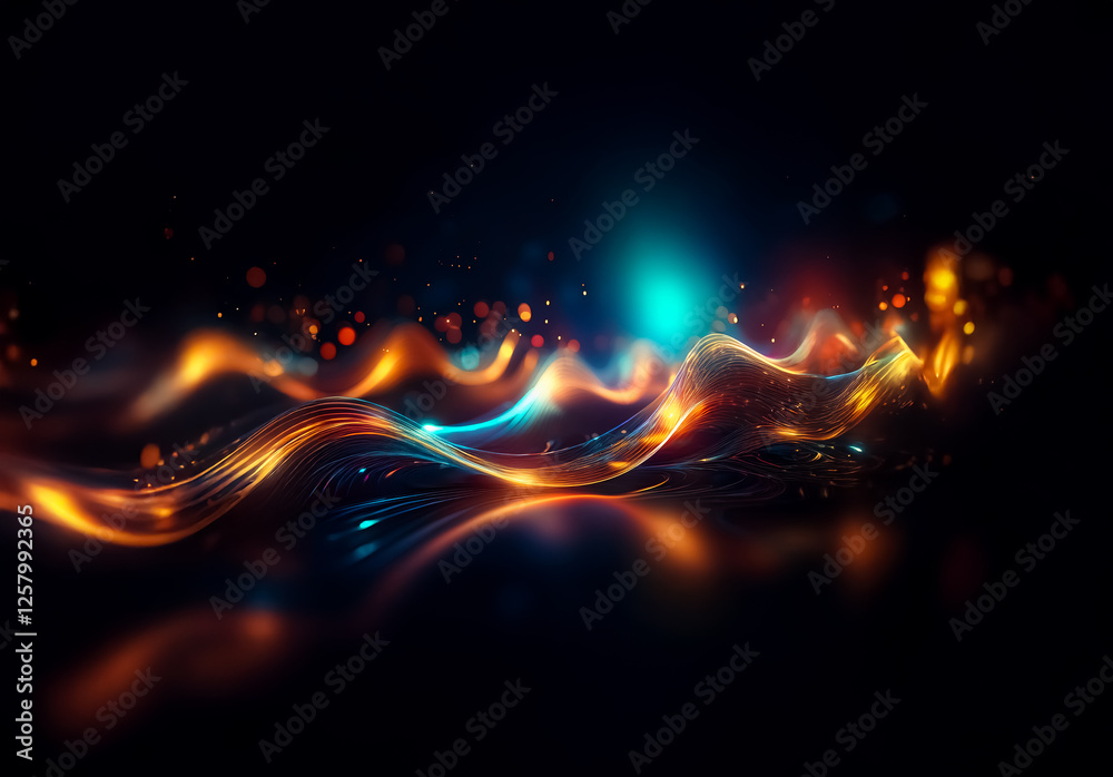 Aufkleber Abstract glowing waves of orange, gold, and teal light streak across a dark backdrop. Bokeh highlights enhance depth and motion in the vibrant, flowing lines.