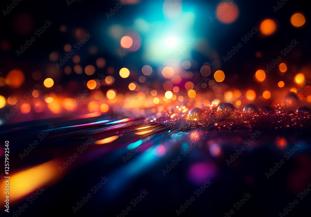 Poster dreamy bokeh of warm orange and cool blue lights creating a vibrant, abstract and defocused backgrou