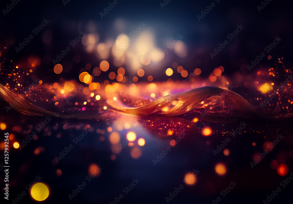 Poster Abstract view of shimmering golden bokeh lights and flowing wave-like shapes against a dark backdrop, creating a dreamy and magical atmosphere with a sense of motion and light.