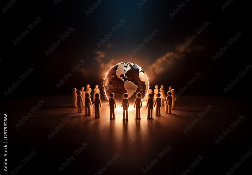 Leinwandbilder illuminated figures stand in a circle around a glowing globe in the darkness. a symbolic representat