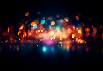 Fototapeta premium Abstract bokeh lights create a vibrant and festive atmosphere. Blurred colorful orbs glow against a dark backdrop, evoking a sense of celebration and magic.
