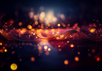 Abstract view of shimmering golden bokeh lights and flowing wave-like shapes against a dark backdrop, creating a dreamy and magical atmosphere with a sense of motion and light.