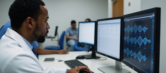African American doctor performing DNA analysis at hospital with visualization of data processing and DNA strands