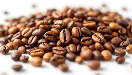 Close-up of Roasted Coffee Beans on White Surface. A close-up view of a pile of roasted coffee beans of various shades of brown