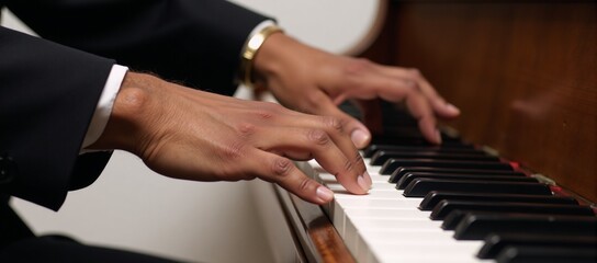 Fototapeta premium African-American man playing piano in black suit close-up on hands
