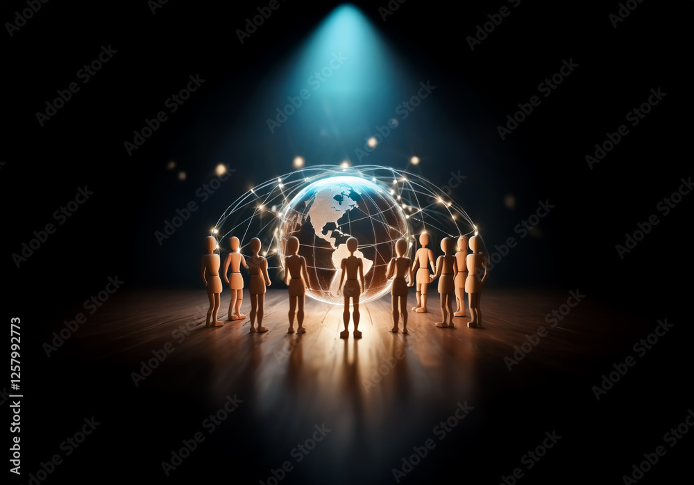 Poster Wooden figures stand in circle around a glowing globe with network connections under a bright spotlight in a dark scene.
