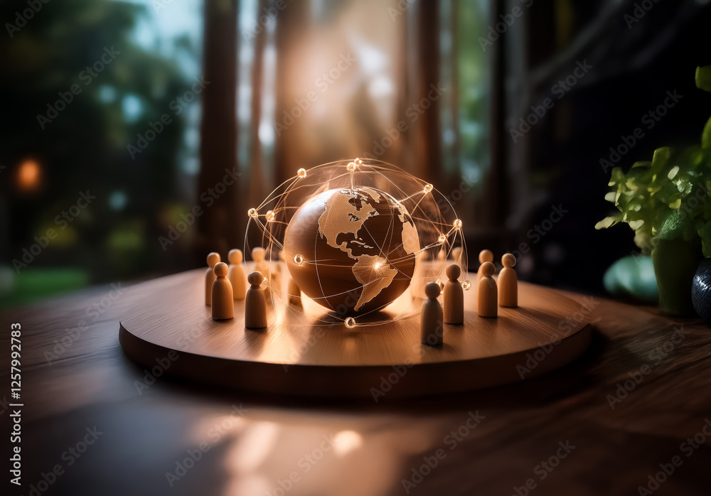 Leinwandbilder Wooden figures encircle a globe on a wooden platform, suggesting global connection and unity in a natural outdoor setting with soft lighting.