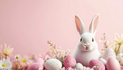 Obraz premium Easter background with rabbit, easter eggs flowers and copy space