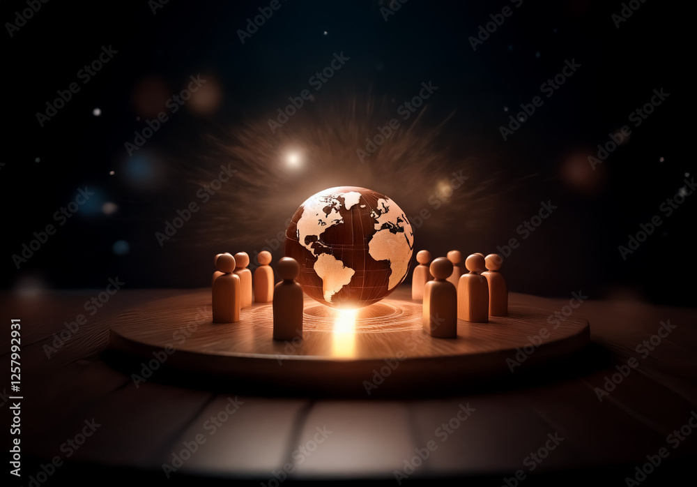 Poster Wooden figures encircle a glowing globe placed on a round stage, bathed in spotlights, symbolizing global unity in a dark, bokeh-lit environment.