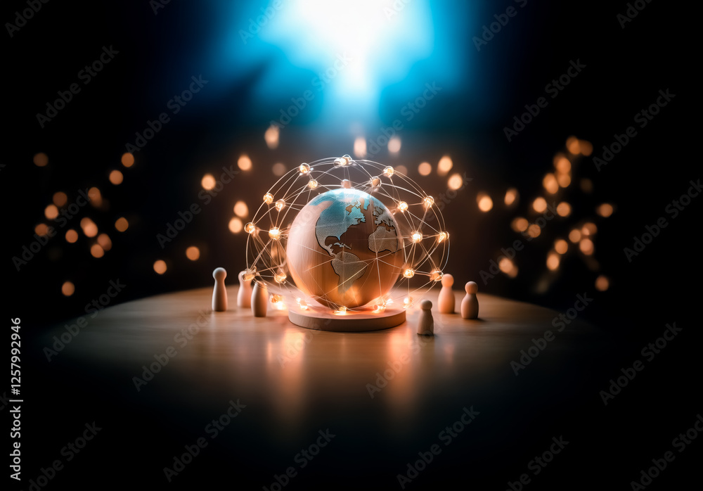 Aufkleber illuminated globe encircled by glowing nodes and wooden figures on a dark backdrop, representing glo