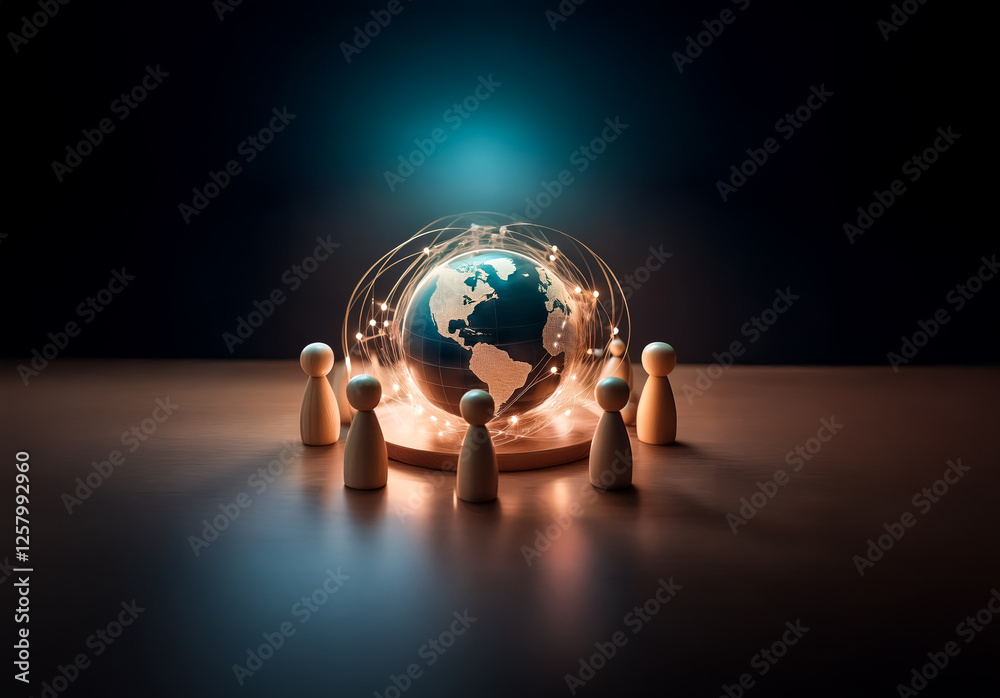 Aufkleber Wooden figures surround a glowing globe with light trails, symbolizing global connection and networking.  A representation of worldwide communication and unity.
