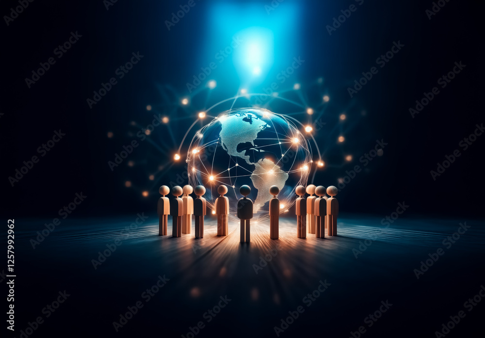 Poster a circle of wooden figures gathers around a glowing globe with interconnected nodes, all bathed in a