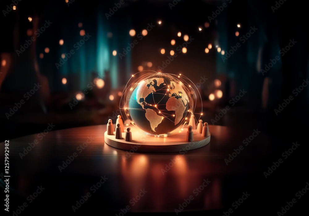 Fototapete a glowing globe model rests on a wooden stand, encircled by small figures. beams of light connect po