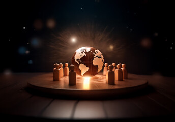Wooden figures encircle a glowing globe placed on a round stage, bathed in spotlights, symbolizing global unity in a dark, bokeh-lit environment.