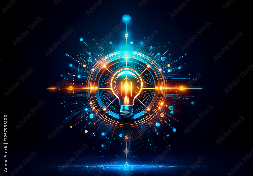 Poster bright lightbulb emits energy, encircled by digital lines and circles in blue and orange against a d