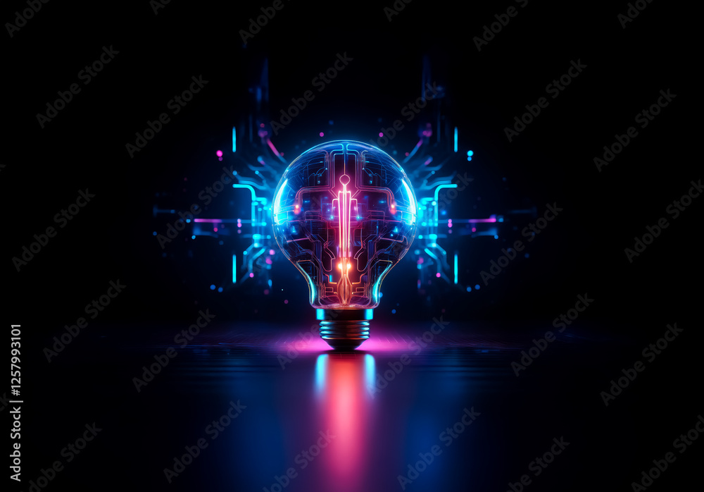 Poster A glowing lightbulb with a circuit board design illuminates the dark background, radiating vibrant blue and pink light.  The bulb sits on a reflective surface, enhancing the futuristic and technologic