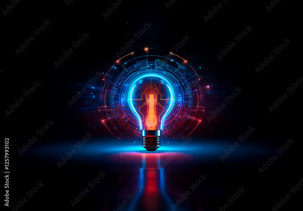 Leinwandbilder a luminous light bulb with red and blue neon outlines is set against a dark backdrop, encircled by g