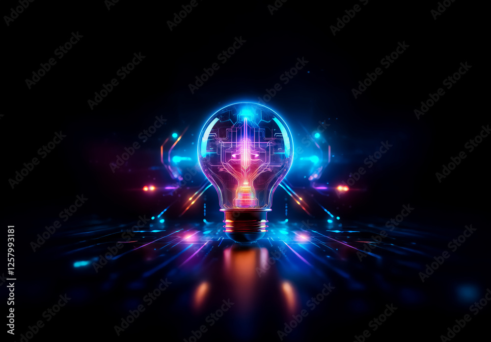 Aufkleber glowing lightbulb with circuit patterns emits bright neon light. futuristic technology concept with 