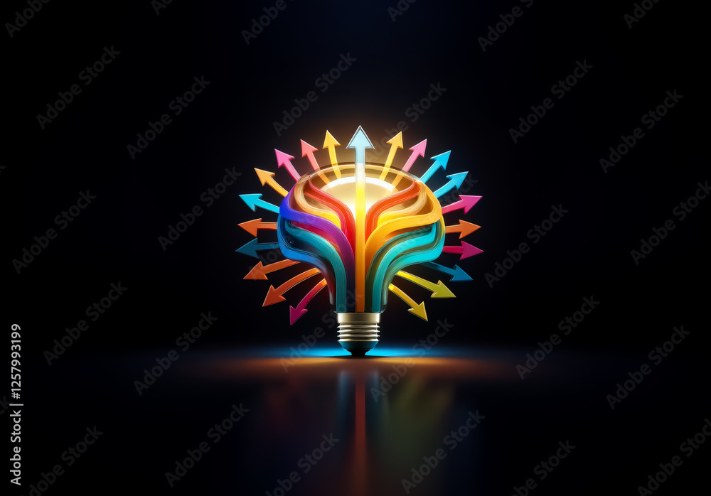 Poster illuminated lightbulb with vibrant layered sections and radiating arrows on dark backdrop symbolizes
