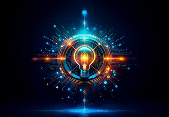 Bright lightbulb emits energy, encircled by digital lines and circles in blue and orange against a dark backdrop. Represents idea and innovation.