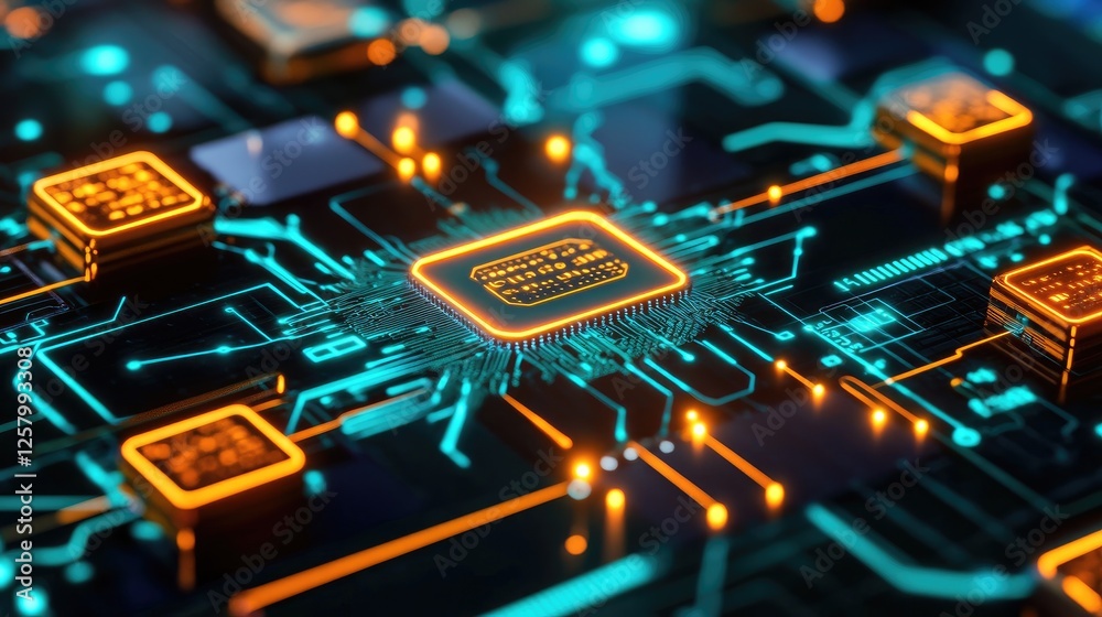 Poster futuristic blockchain technology with glowing connected blocks and encryption on a dark green backgr