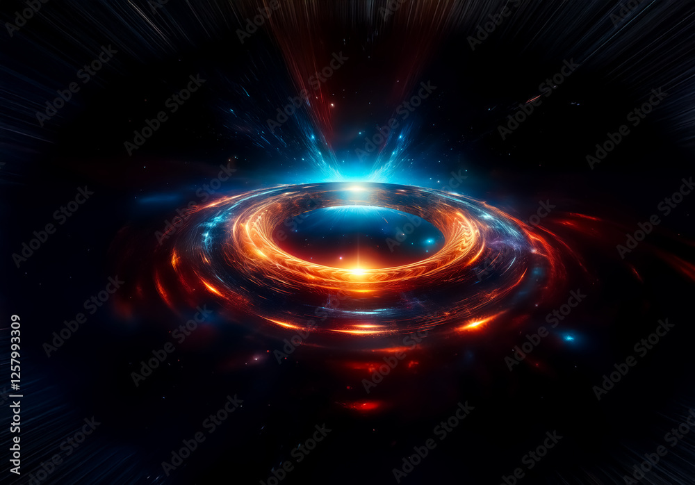 Poster Abstract cosmic burst of energy. A vibrant ring of light explodes in space with blue and orange hues, creating a dynamic and celestial spectacle.