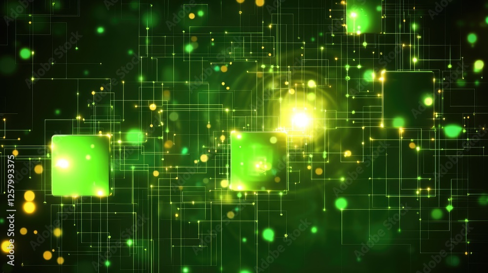 Poster futuristic blockchain technology with glowing connected blocks and encryption on a dark green backgr