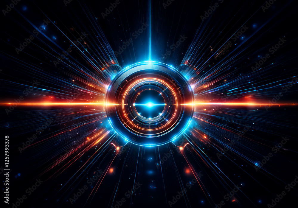 Poster abstract glowing circle with vibrant blue and orange lights radiating outwards in a futuristic, tech