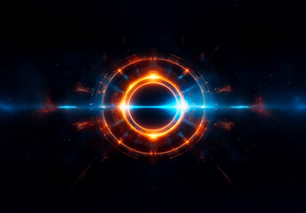 Obraz premium A vibrant circular design radiates energy with glowing orange and blue rings against a dark backdrop, evoking futuristic technology and cosmic elements.