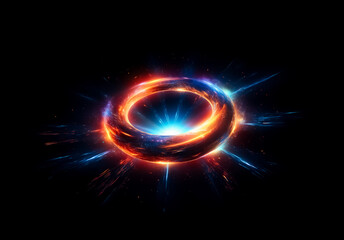 Fototapeta premium Vibrant ring of glowing red and blue energy on a black backdrop. Abstract, futuristic, and dynamic light effect with a cosmic and plasma-like feel.