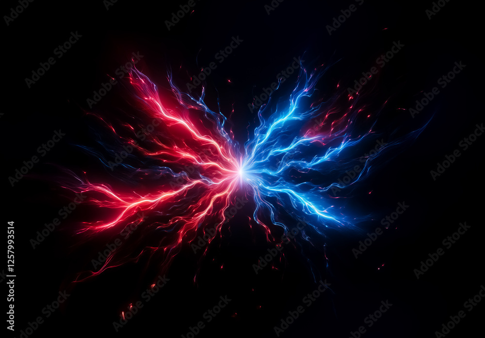 Poster vibrant red and blue lightning bolts dramatically collide at the center against a stark black backgr