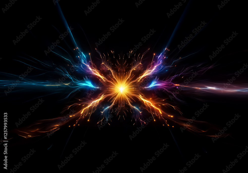 Poster abstract design featuring a symmetrical burst of vibrant colors emanating from a central bright poin