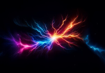 Fototapeta premium Vibrant, colorful lightning bolts strike out against a stark black background, showcasing an energetic display of blue, cyan, purple, pink, orange, and yellow hues emanating from a central point.